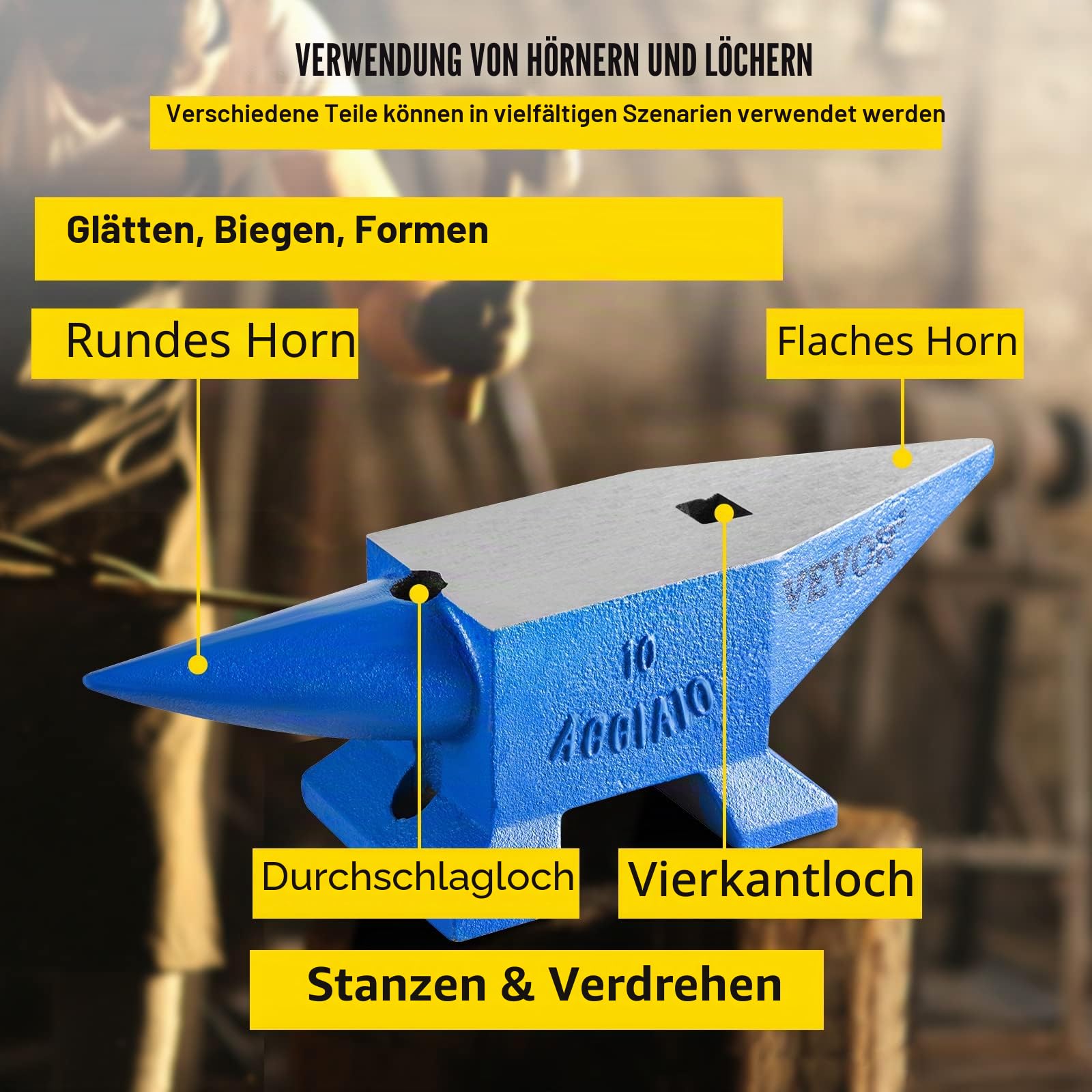Happybuy Schmiede Amboss 10KG Schmiede Zubehör Amboss Werkzeuge geschmiedeter Stahl mit rundem und quadratischem Loch robust, Blau