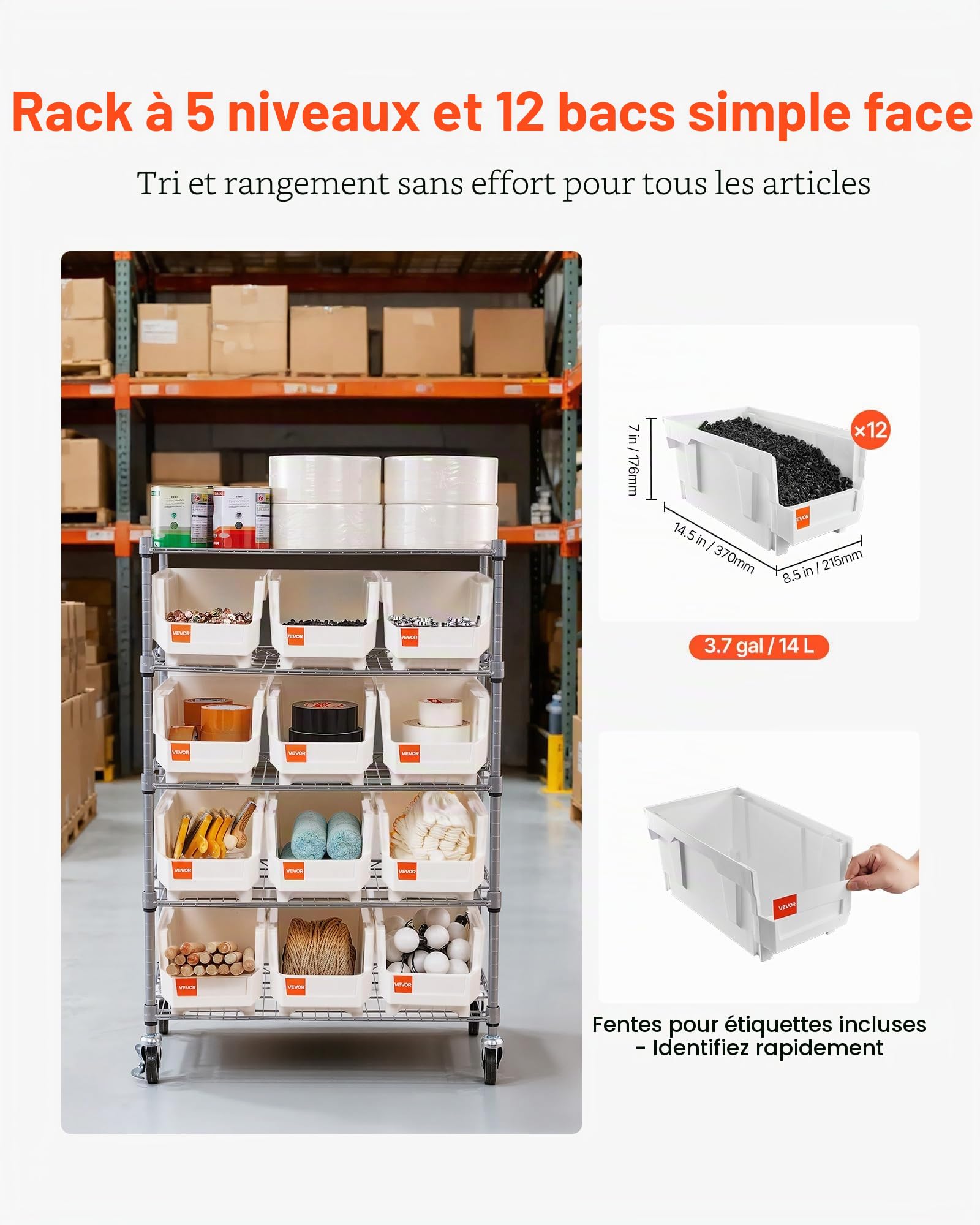 VEVOR Étagère de Rangement Mobile 5 Niveaux Rayonnage sur roulettes 12 Bacs pour Garage, Entrepôt, Bureau, Restaurant, Salle de Classe, Cuisine, en Fil d'acier, avec roulettes Pivotantes et 2 Freins
