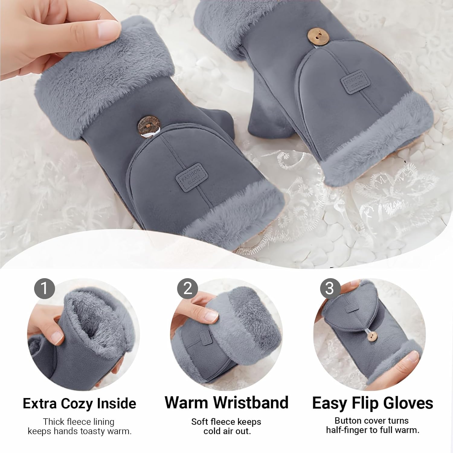 Winter Fingerless Gloves for Women, Convertible Mittens Glove Warm Fur Half Finger Cover Gloves for Cold Weather - Image 2