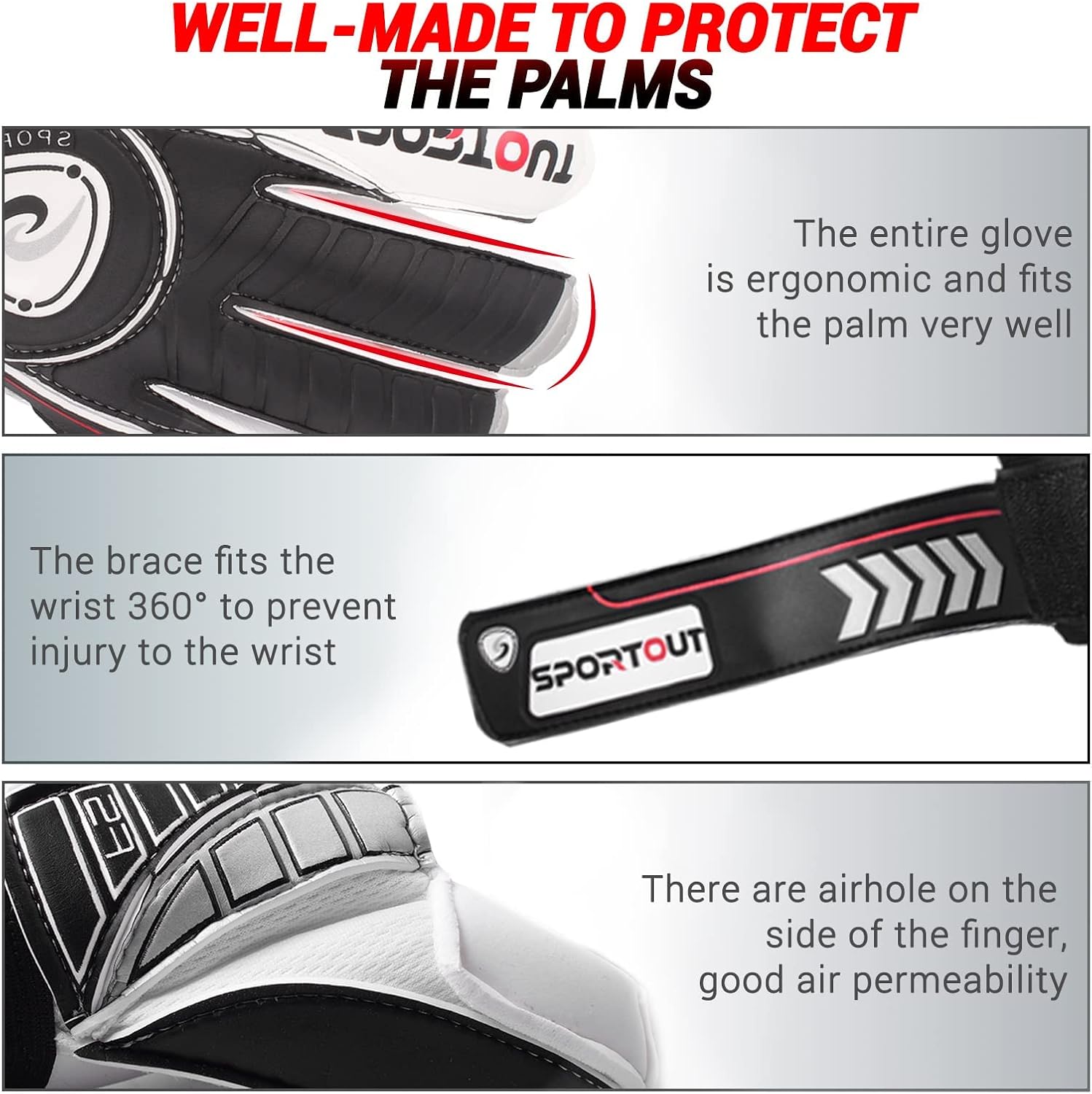 Sportout Goalkeeper Gloves with Fingersave, Breathable Soccer Goalie Gloves, 4mm Latex, for Kids, Youth and Adult - Image 2