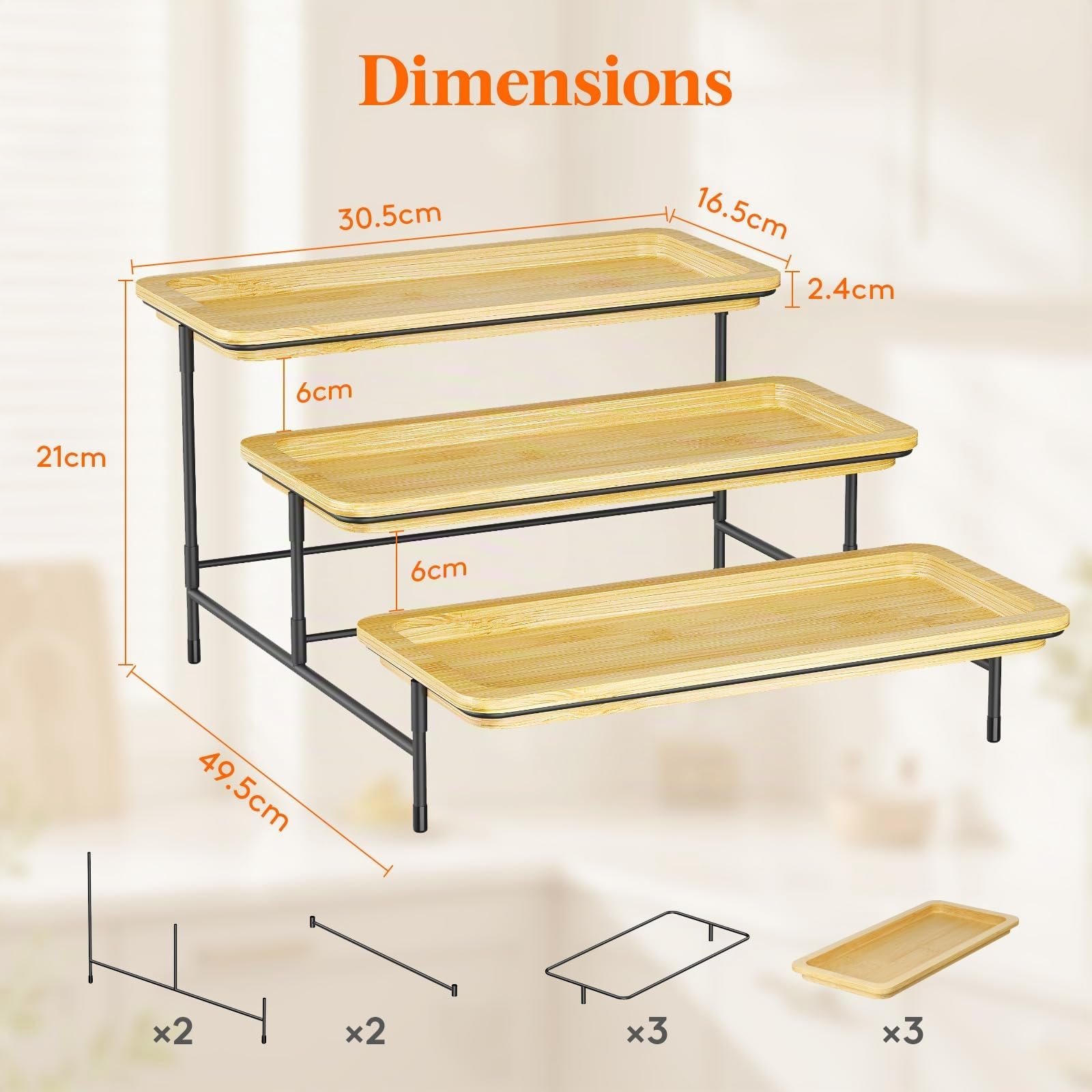 Lifewit Plateau de service 3 étages en bambou - 30 x 17 cm - Support métal noir - Accessoires de fête, buffet - Réutilisable pour légumes, fruits, desserts