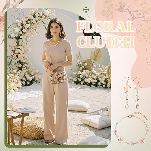 Miniatura 7 de 4 Pcs Vintage Floral Embroidered Clutch Jewelry Set, Evening Handbag Necklace Earrings Bracelet Wedding Gift Prom Christmas