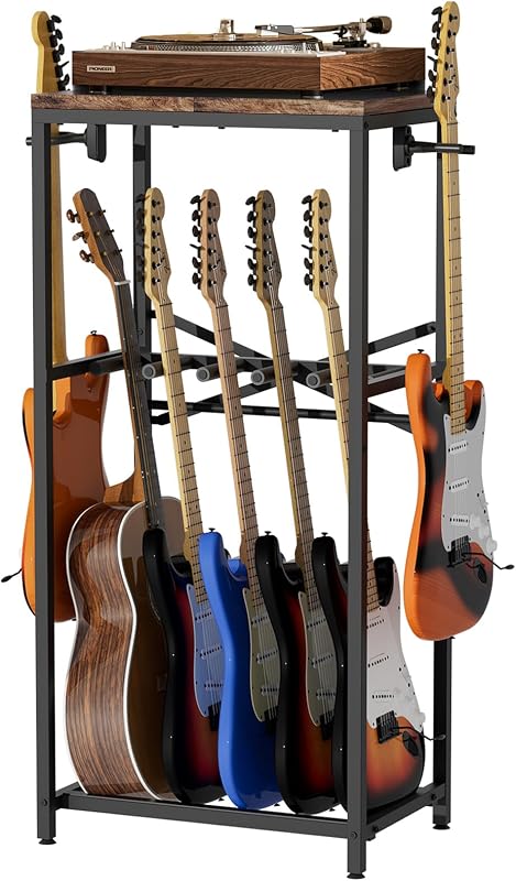 Guitar Stand for Multiple Guitars, Guitar Rack for Acoustic Guitar, Electric Guitar, Bass and Ukulele, Rustic Guitars Display Stand with 2 Guitar Hangers, Gold