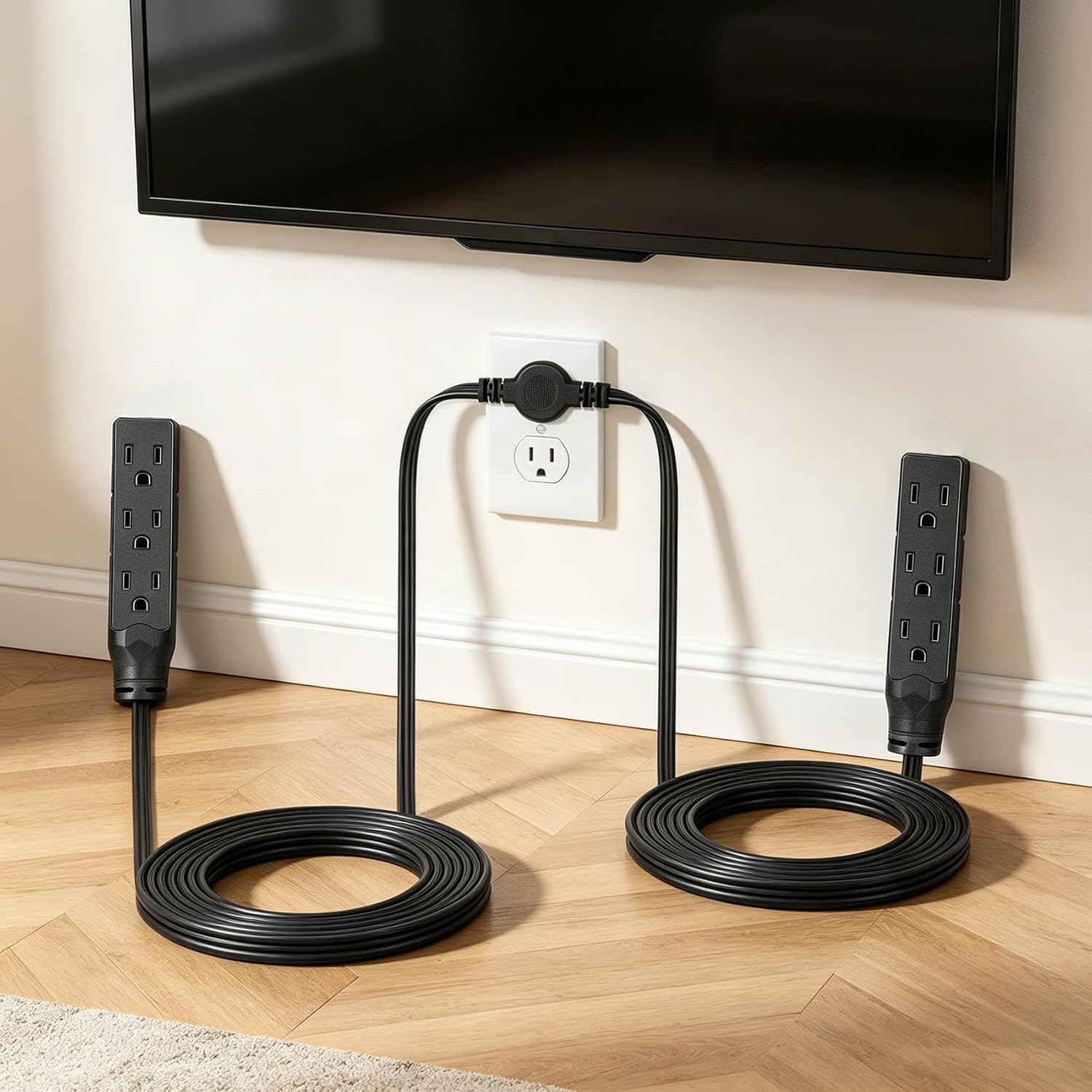 Twin Extension Cord Flat Wall Plug 24ft with 6 3-Ground Outlets | Double Extension Cord,12ft Power Cord on Each Side,Two-Way Splitter Power Strip for Indoor Behind Bed Cabinet Couch Furniture