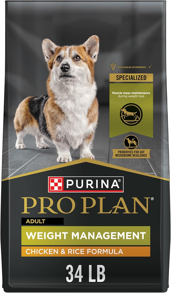 Purina Pro Plan Weight Management Dry Dog Food, Chicken & Rice, 34 lb Bag | High-protein formula, helps maintain muscle mass, healthy weight dog food with live probiotics for dogs