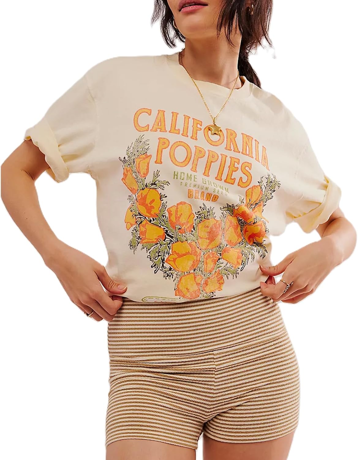 Womens Oversized Vintage Flower Graphic Tees Tops Y2k California Aesthetic Baggy T-Shirts Fruit Coastal Summer