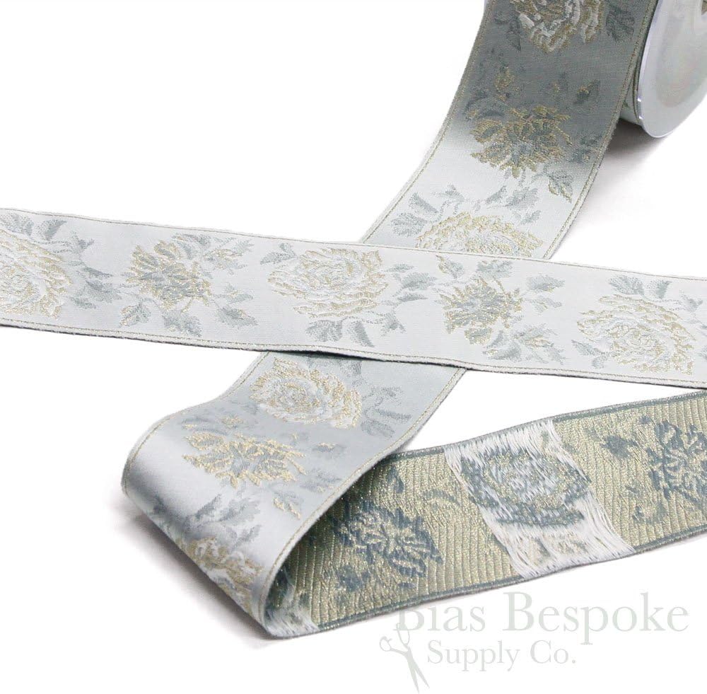20 Meter Roll of Beige and Gold Wide Jacquard Rose Trim, Made in Italy