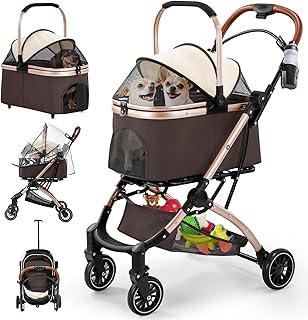 Gimars Mejora 4 en 1 Soporta 20kg Carrito Plegable para Perros Gatos Mediano Pequeño, Cochecito Perro con Portabebés Desmontable Ruedas Delantera Goma 360° Lluvia Funda Almacenamiento Cesta Caqui