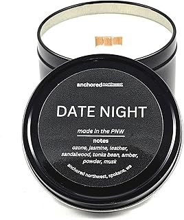 Anchored Northwest - Date Night Travel Tin Candle, 6oz BlackMetal Tin, American Cedar Wood Wick, Hand Poured, Essential Oil Blend 100% Soy Wax, 35+ Hour Burn