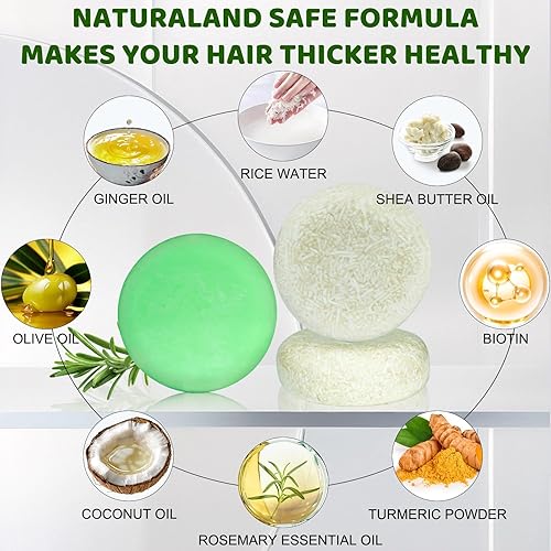 Miniatura 3 de Juego de 3 unidades de champú de agua de arroz y acondicionador de biotina de romero para cabello fino, champú sólido natural, barra de jabón