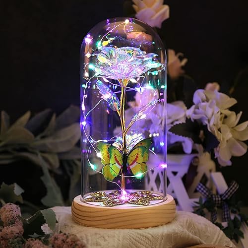 Miniatura 6 de Regalos de Rosas de La Bella y la Bestia, Rosas Iluminadas Eternas en Cúpula de Cristal Galaxia Mariposa Globo de Rosa Regalo para Ella Abuela
