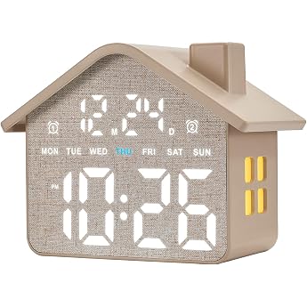 Plumeet Digital Alarm Clock Bedroom Clock with Date Display Weekday Display Two Alarm Times Dimmer and Ambient Light Powered by Mains or Batteries Grey