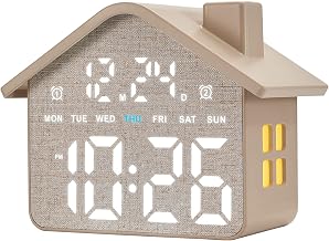 Plumeet Digital Alarm Clock, Bedroom Clock with Large Numbers, Date, Week, Dual Alarms, Dimmer and Ambient Light, House-Shaped Electric Bedside Desk Clock, Adapter Batteries Powered, Grey