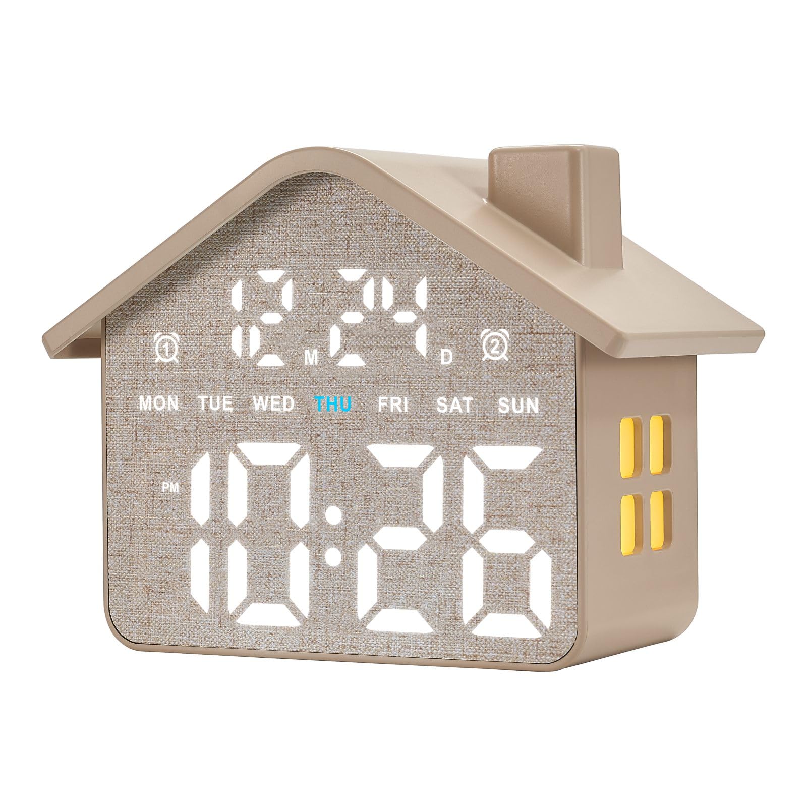 Plumeet Digital Alarm Clock, Bedroom Clock with Large Numbers, Date, Week, Dual Alarms, Dimmer and Ambient Light, House-Shaped Electric Bedside Desk Clock, Adapter Batteries Powered, Grey