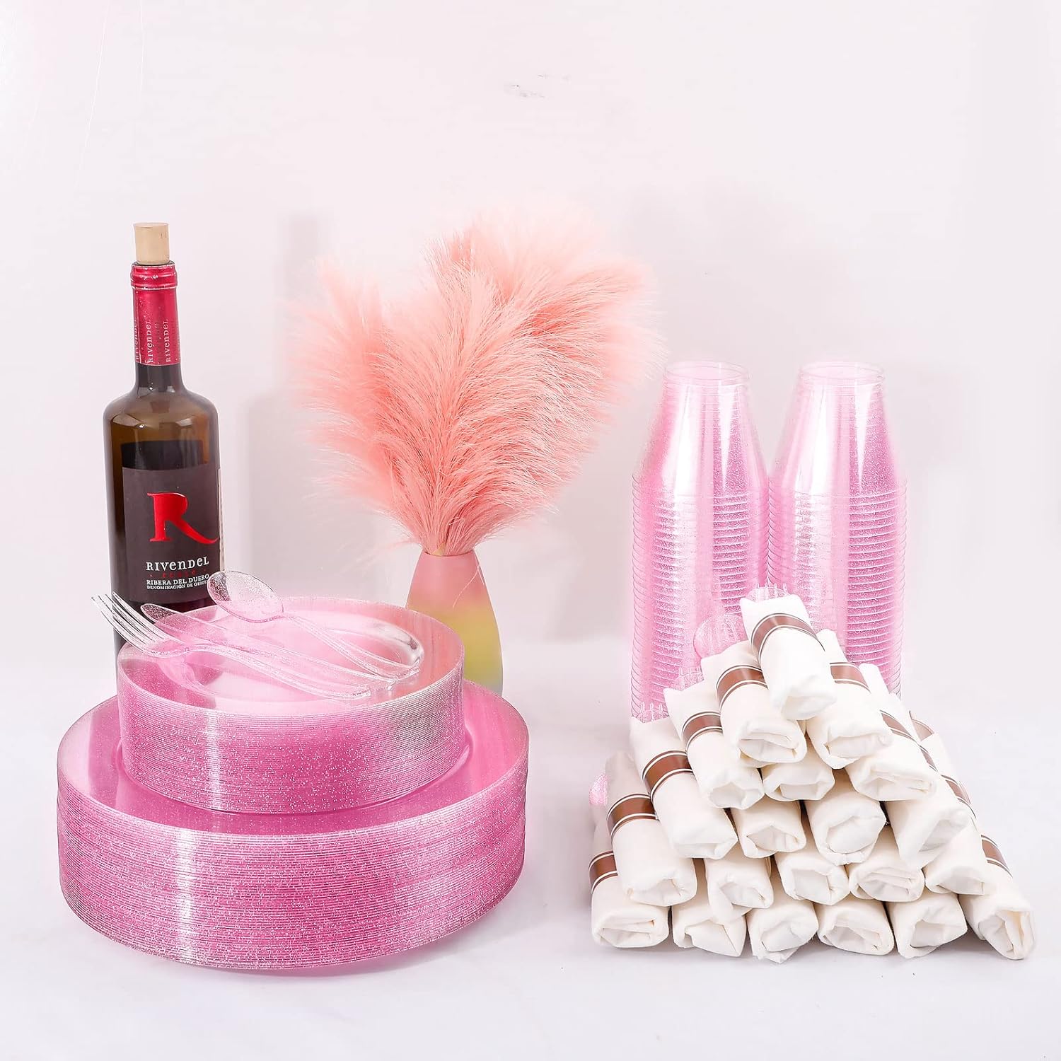 DaYammi 350PCS Rose Gold Glitter Dinnerware Set 50 Guest for Party- 50 Pink Plastic Dinner Plates, 50 Dessert Plates- 50 Per Rolled Napkins with Rose Gold Glitter Cutlery - 50 Cups 9 OZ - Image 2