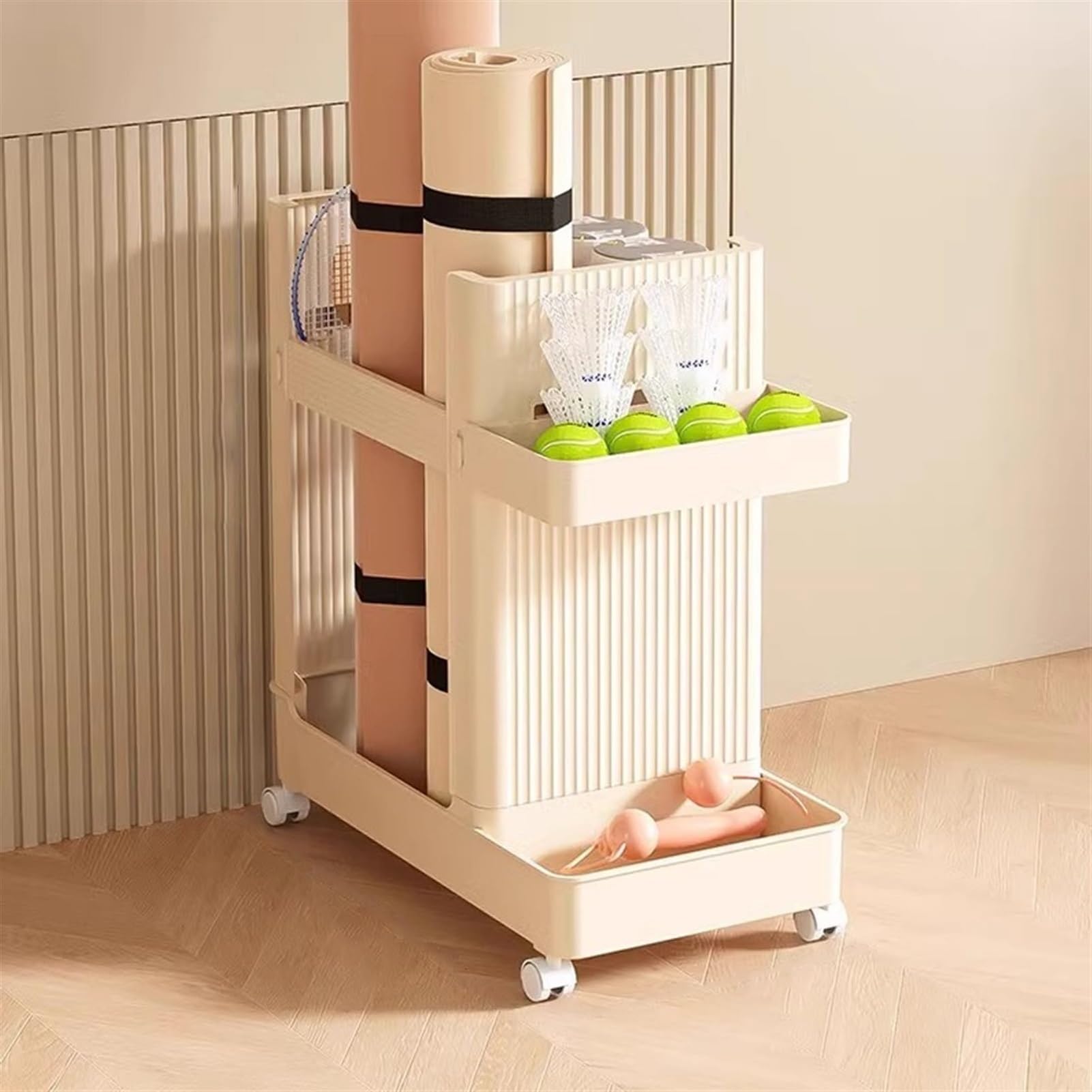 Étagère de rangement à roulettes à 2 niveaux pour équipement de fitness et tapis de yoga