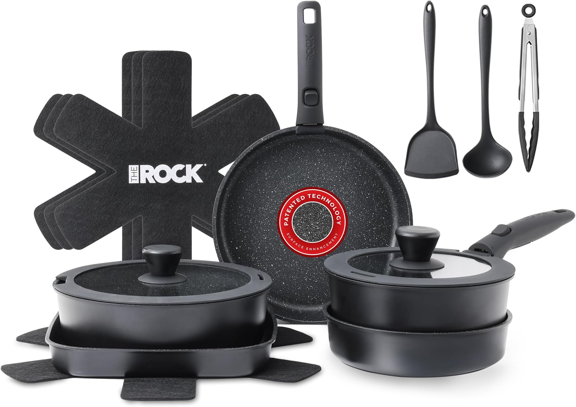 THE ROCK SMART SPACE 16pc Nonstick Pots and Pans Set with ROCK.TEC, Stackable Cookware Set with Detachable Handles, Scratch/Stain/Crack Proof, Induction Ready, Oven & Dishwasher Safe, PFOA-Free, BlackRecycled Claim Standard Blended