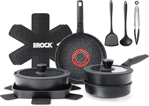THE ROCK SMART SPACE Juego de 16 ollas y sartenes antiadherentes con ROCK.TEC, juego de utensilios de cocina apilables con asas desmontables, a