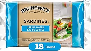Brunswick Sardines In Spring Water - 106g, 18 Count - Canned Sardines – Excellent Source Of Protein - 17g Of Protein Per 84g Serving Drained – Contains Omega-3 – Source Of Vitamin D – Source Of Iron