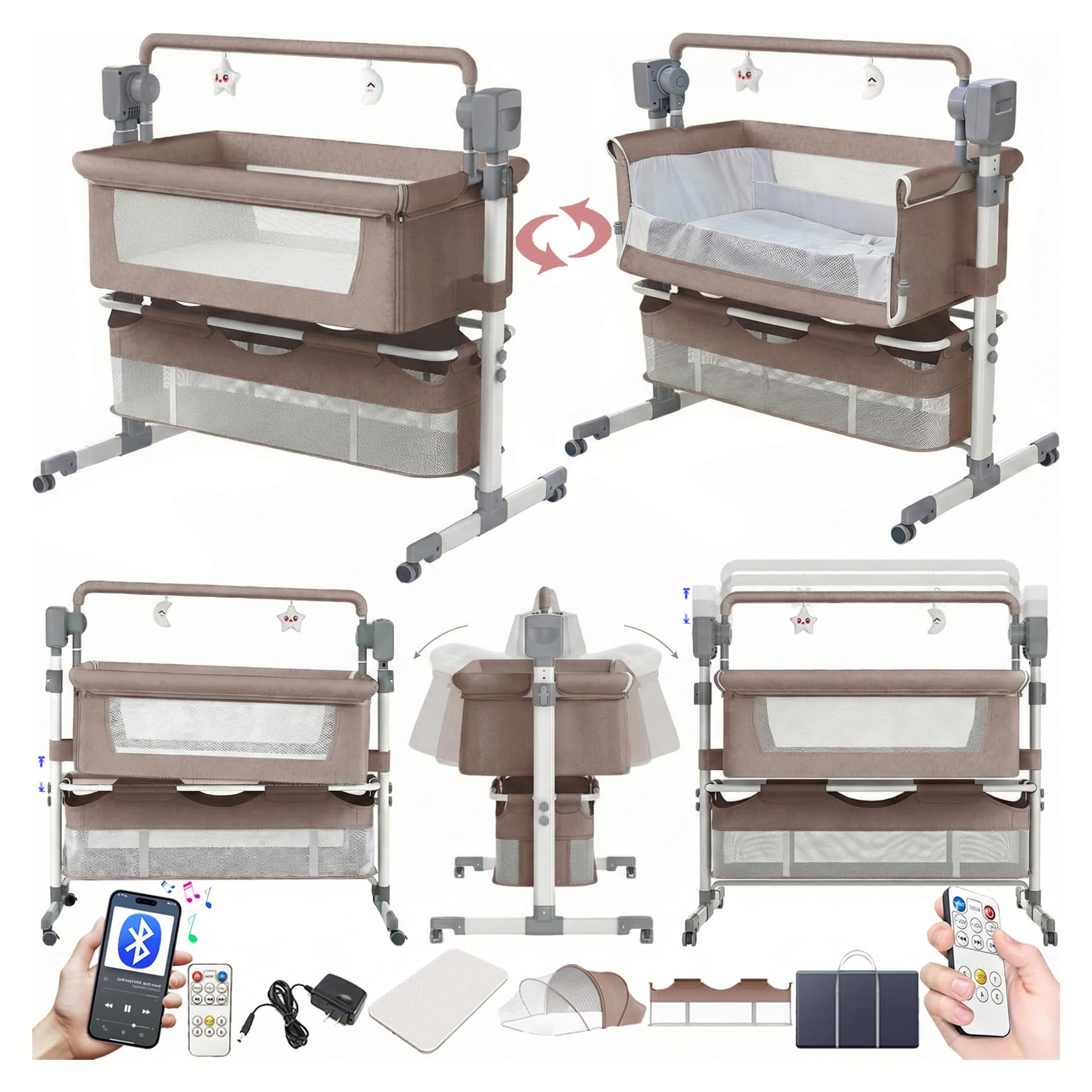 Eléctrico Bluetooth Inteligente Cuna Colecho, Multifuncional Cuna Colecho Bebe, Altura Regulable Minicuna (601 Khaki)