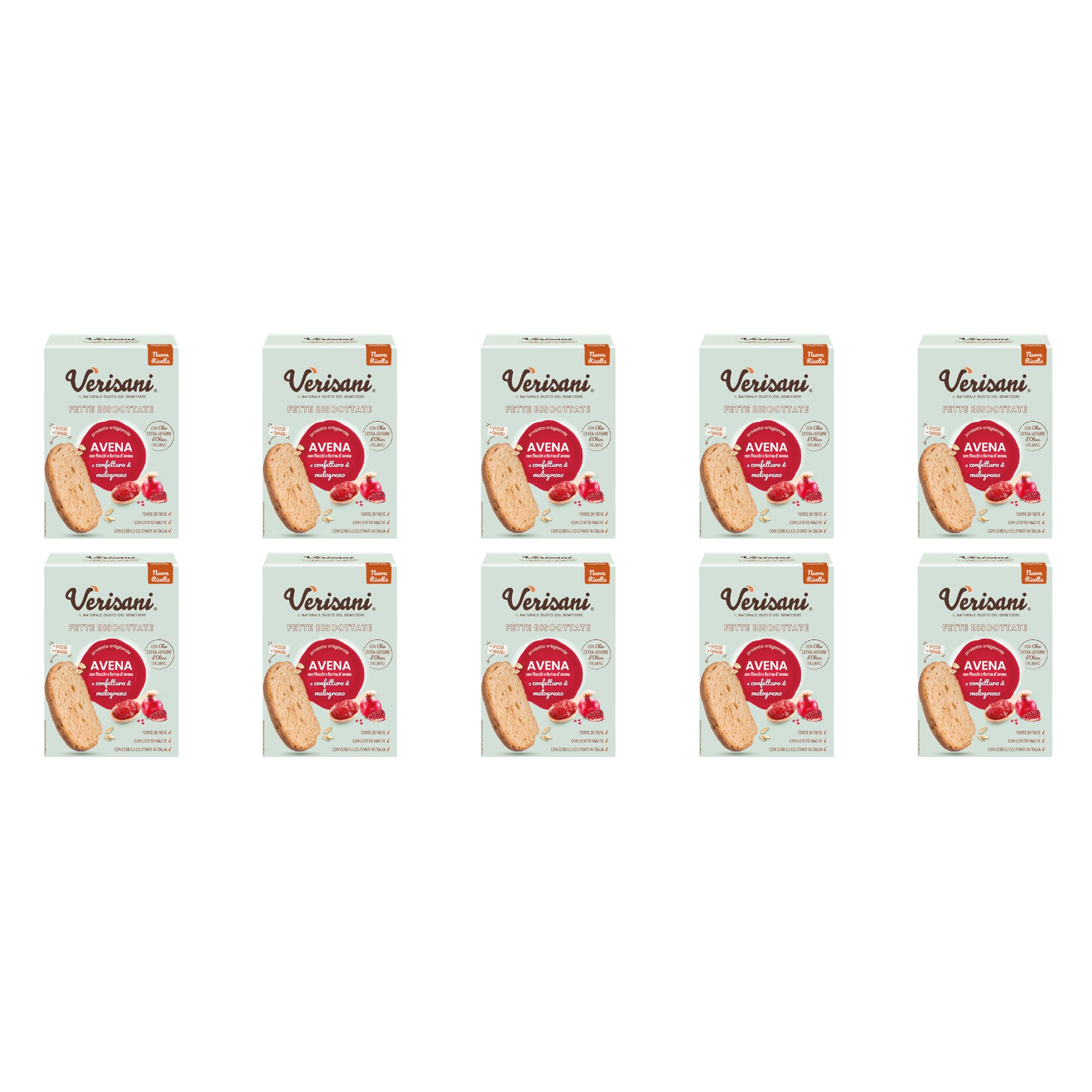 Verisani | Fette Biscottate Avena e Melograno | Cartone X10 (10×200 g) | Doppia Cottura | Olio Extravergine d’Oliva | Senza Palma