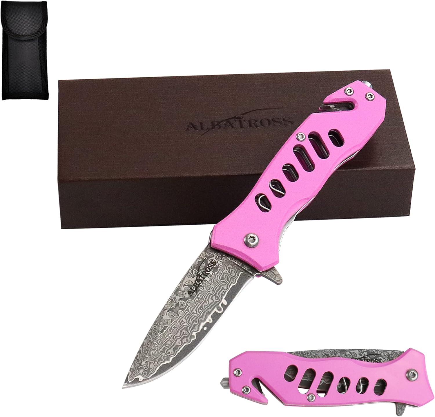 ALBATROSS EDC Cool Tactical Folding Pocket Knife with Modern Damascus Steel Blade, SpeedSafe Spring Assisted Opening Knifes with Liner Lock,Pocketclip,Glass Breaker,Seatbelt Cutter, Gifts Box (Multi)