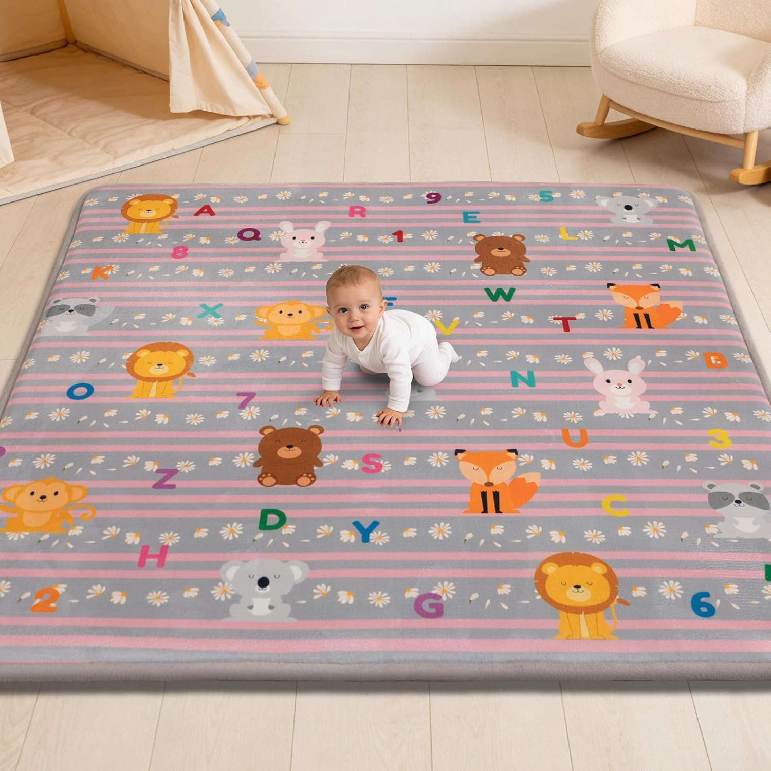 Baby Play Mat for Floor, 71'' x 59'' Thicken Foam Padded Playmat for Tummy Time, Playpen Mat for Toddlers Infant Kids, Water-Repellent Coral Velvet, Non-Slip Bottom Safe for Crawling (Lion)