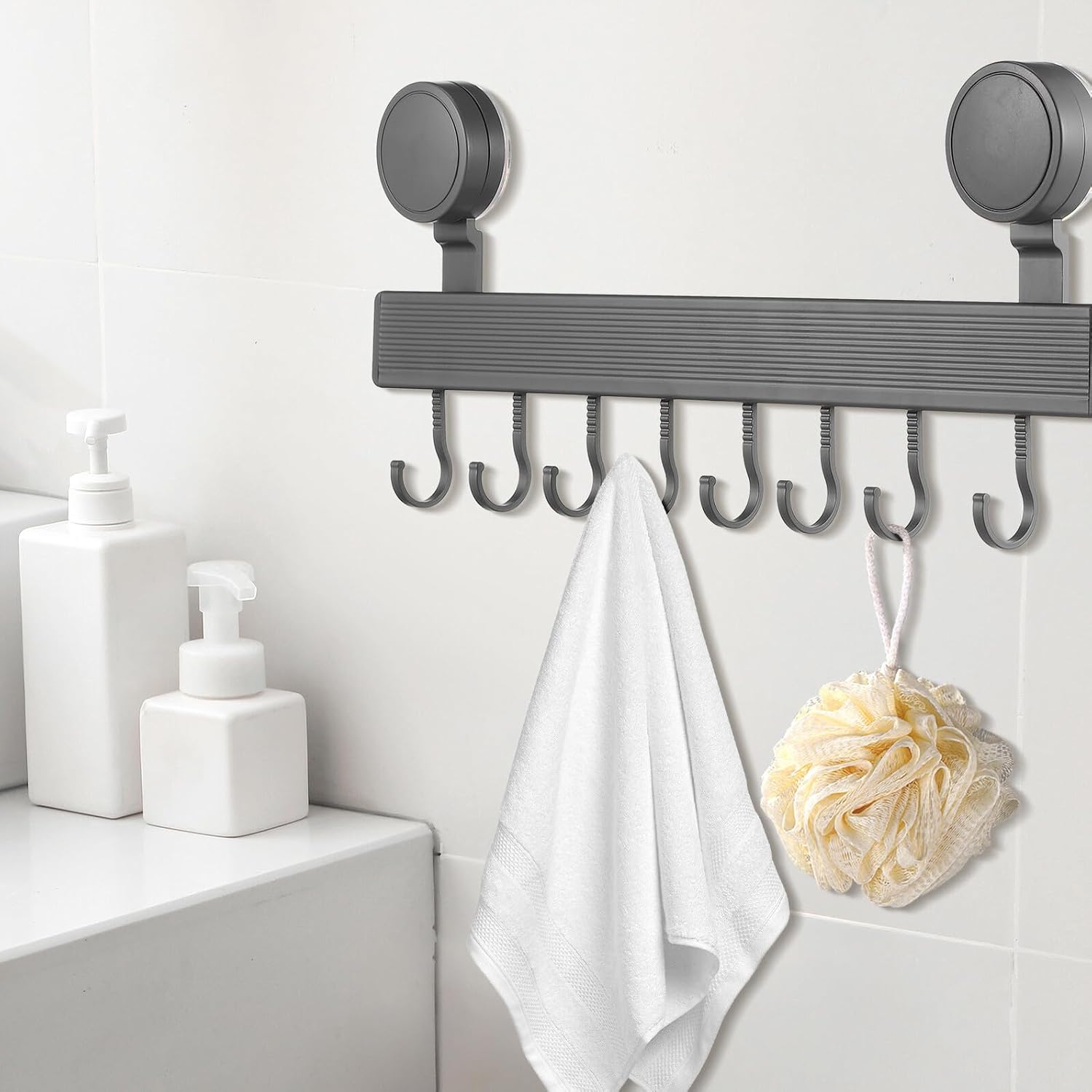 Heavy Duty Suction Cup Towel Bar with Hooks Wall Mounted Aluminum Abs Kitchen Storage Rack for Pots Pans Towels Multi-Purpose Organizer No Drill Relocatable