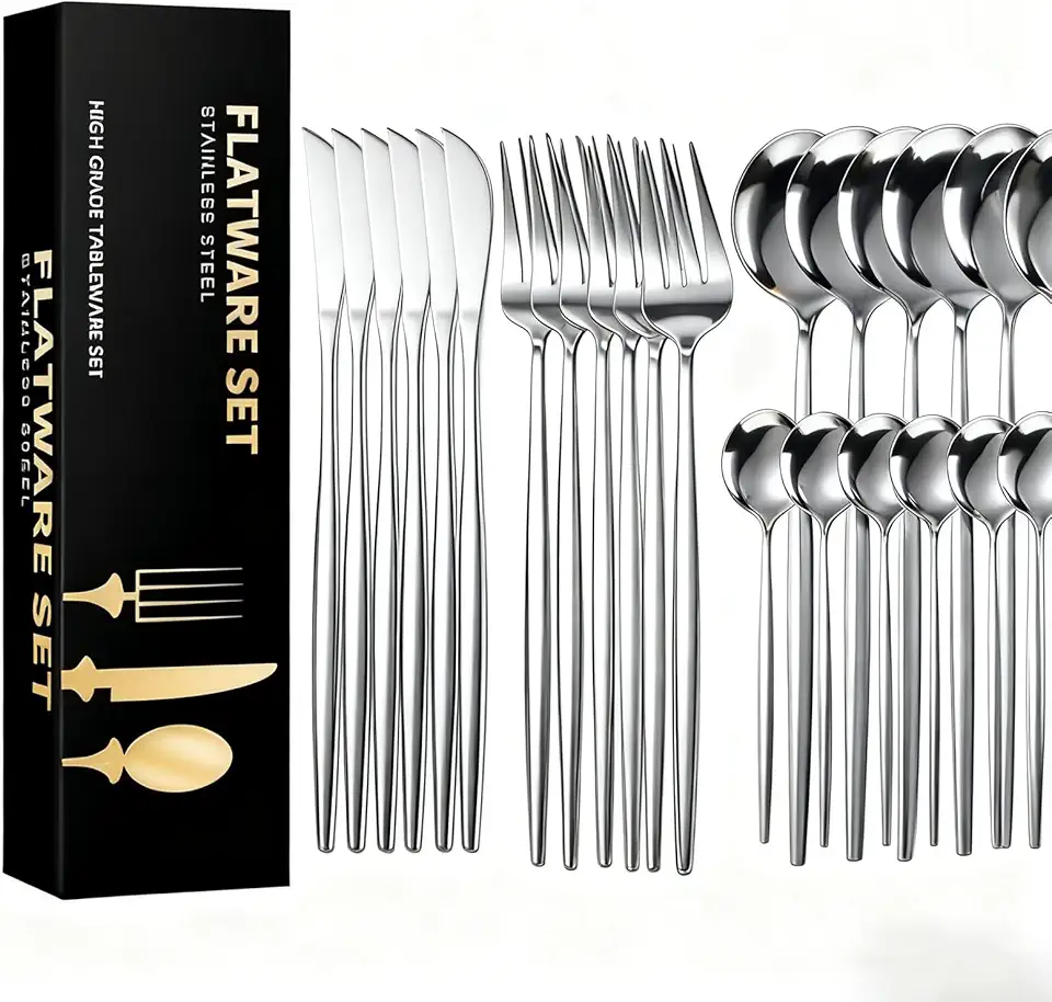 Faqueiro 24 Peças em Aço Inox 416 - Jogo de Talheres Premium com Caixa Litografada, Polido e Espelhado de faca e garfo Conjunto para Mesa Posta e Utensílios de Casa/Restaurante (Prata)