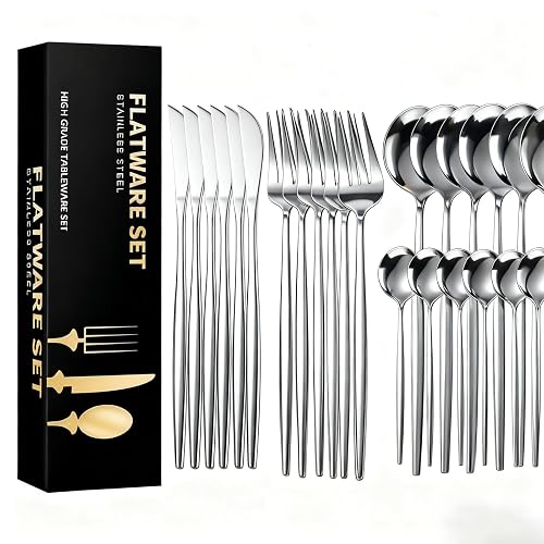 AUXOM Faqueiro 24 Peças em Aço Inox 430 - Jogo de Talheres Premium com Caixa Litografada, Polido e Espelhado de faca e garfo Conjunto para Mesa Posta e Utensílios de Casa/Restaurante (Prata)