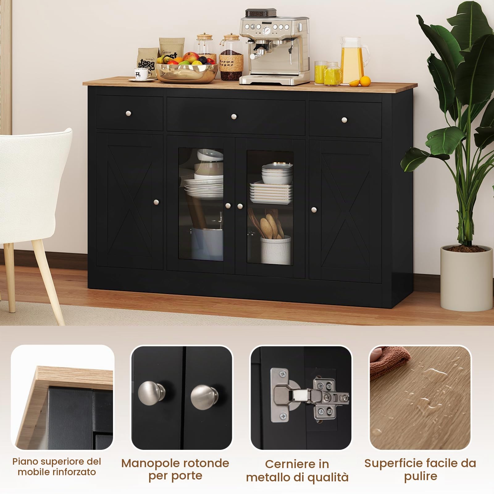 KOMFOTTEU Mobile Buffet Basso, Credenza Moderna da Cucina con 3 Cassetti, 3 Armadi con Ante, Mobiletto Multiuso con Ripiani Regolabili per Soggiorno, Sala da Pranzo, 140x40x90cm (In 2 Pacchi) (Nero)