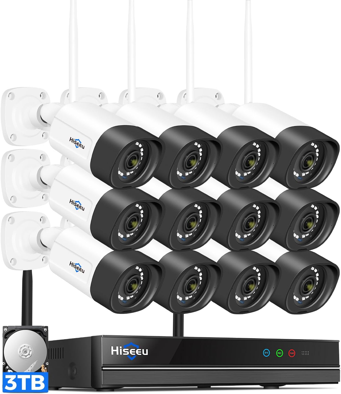 Hiseeu 5MP WiFi Security Camera System Outdoor,12Pcs 16CH NVR Camera Surveillance System,Color Night Vision, Spotlight& Siren Alarm,2-Way Audio,3TB HDD for 24/7 Recordings