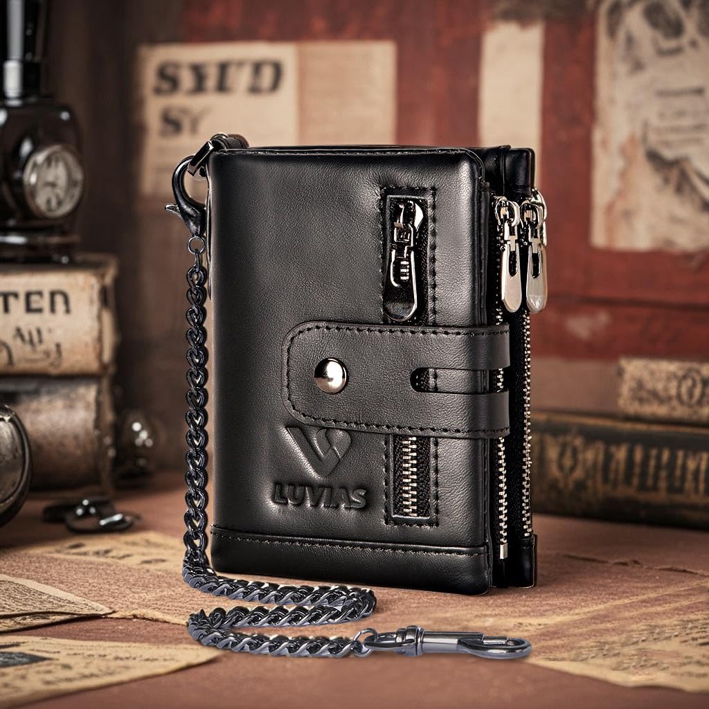 Anti-Theft Mens Wallet with Chain Genuine Leather ID Window Purse with RFID Blocking Bifold Double Zipper Coin Pocket with Gift Box - Image 7