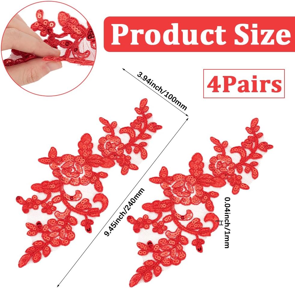 GORGECRAFT 8PCS Sequin Embroidered Lace Patches Glitter Flower Embroidery Appliques Red Floral Leaf Vine Motif Fabric Collar Patch for Wedding Dress Blouse Pants Clothes Bags DIY Sewing Crafts