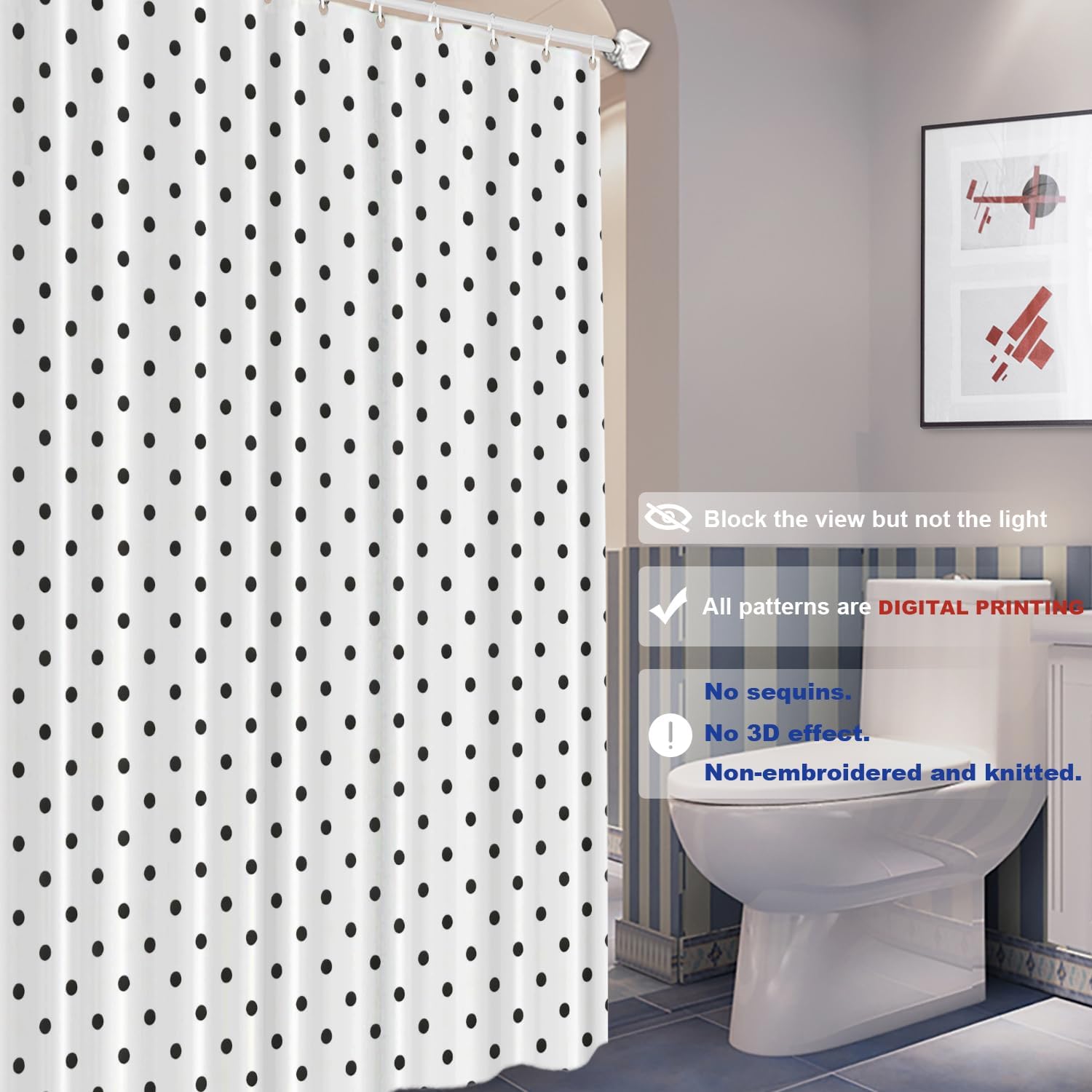 Batmerry Black Polka Dot Decor Shower Curtain, Abstract Circle Monochrome Geometric Cute Bathroom Decor Polyester Fiber Plastic Rings Quick-Drying Waterproof for Bathtubs/Bathroom, 72x60 inches