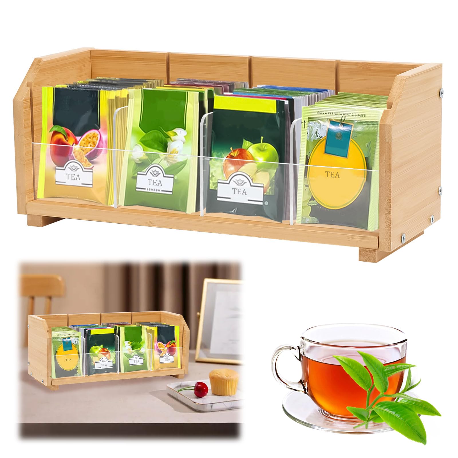 Tea Bag Organizer, Stackable Bamboo Tea Box Organizer Storage Box, Wooden Tea Holder with 4 Compartments Natural Wood & Acrylic for Countertop Kitchen Cabinet Pantry