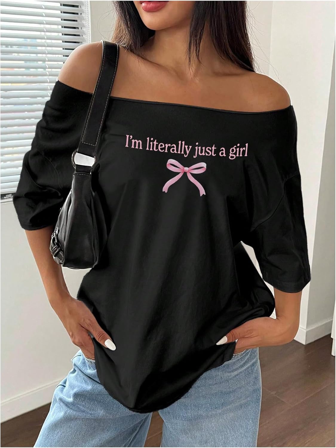 Women's Oversized Off Shoulder Graphic Tees Short Sleeve Bow Letter Print T Shirts Y2K Tops - Image 4