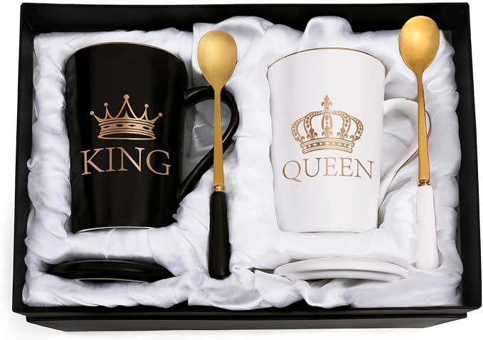 Cabtnca King and Queen Coffee Mugs, His and Hers Coffee Mugs Set, King and Queen Mugs for Couples, Engagement Wedding Newlywed His and Hers Gifts for Couples, Husband and Wife Cups, 14Oz
