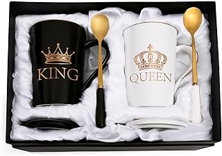 Cabtnca King and Queen Mug Set, Couples His and Hers Gifts for Christmas, Funny Coffee Mug Set for Couples, Wedding Engagement Newlyweds Gifts for Husband and Wife, 14 Oz with Gift Box