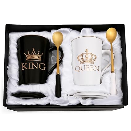 Cabtnca King and Queen Coffee Mugs, His and Hers Coffee Mugs Set, King and Queen Mugs for Couples, Engagement Wedding Newlywed His and Hers Gifts for Couples, Husband and Wife Cups, 14Oz