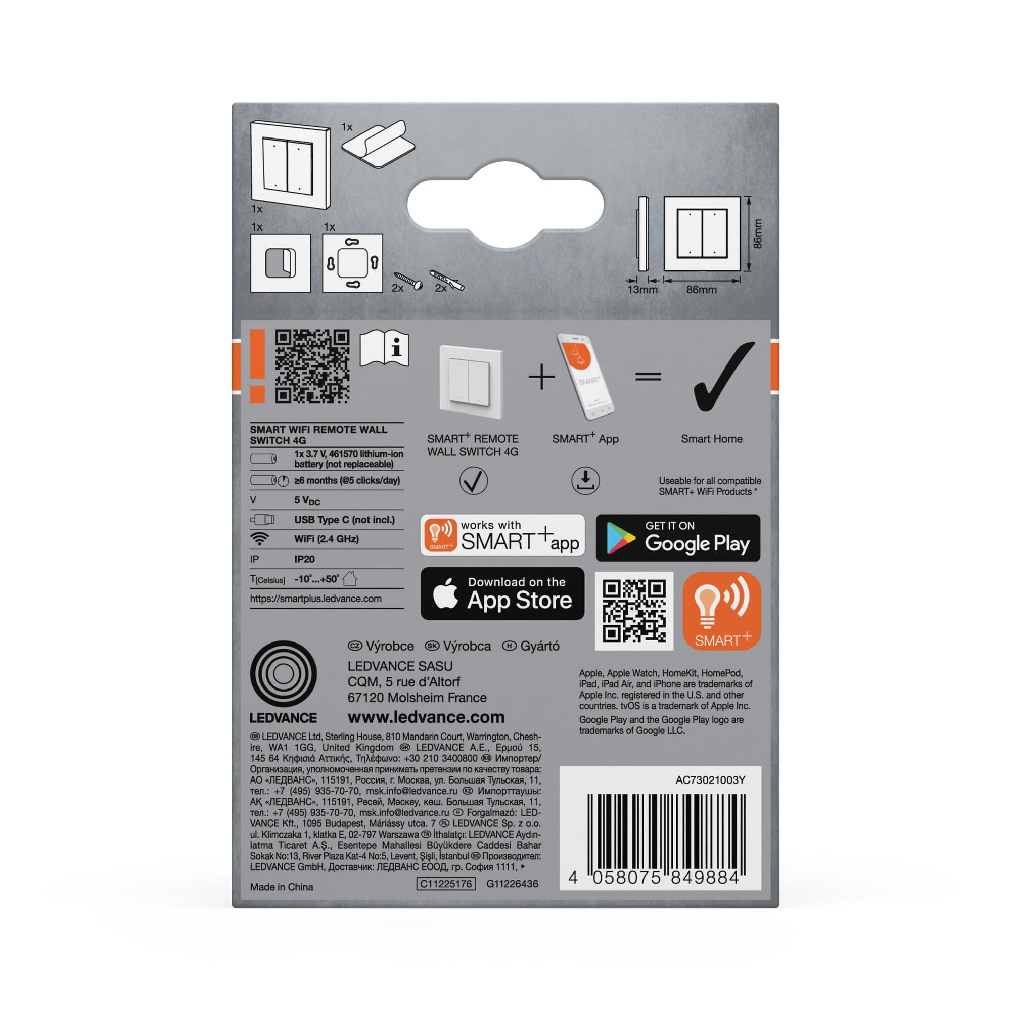 OSRAM Interruptor de pared SMART+ WiFi 4 botones magnético USB-C Interruptor de pared SMART+ WiFi, 4 botones, magnético, recargable por USB-C, duración de batería de 6 meses, compatible con Alexa | SMART+ WIFI Remote Wall Switch, Plugs, blanco, , Paquete