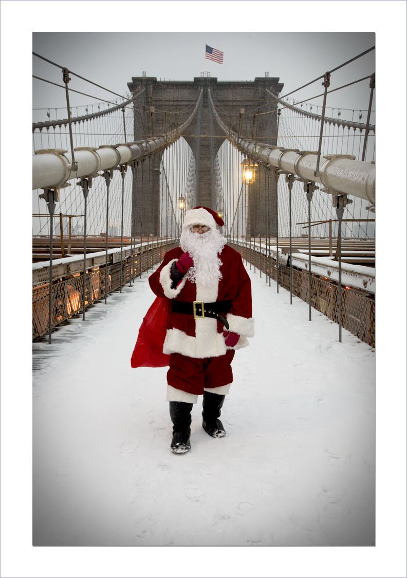 Santa on Brooklyn Bridge, New York - Set of 3 Handmade Christmas Photo Greeting Cards