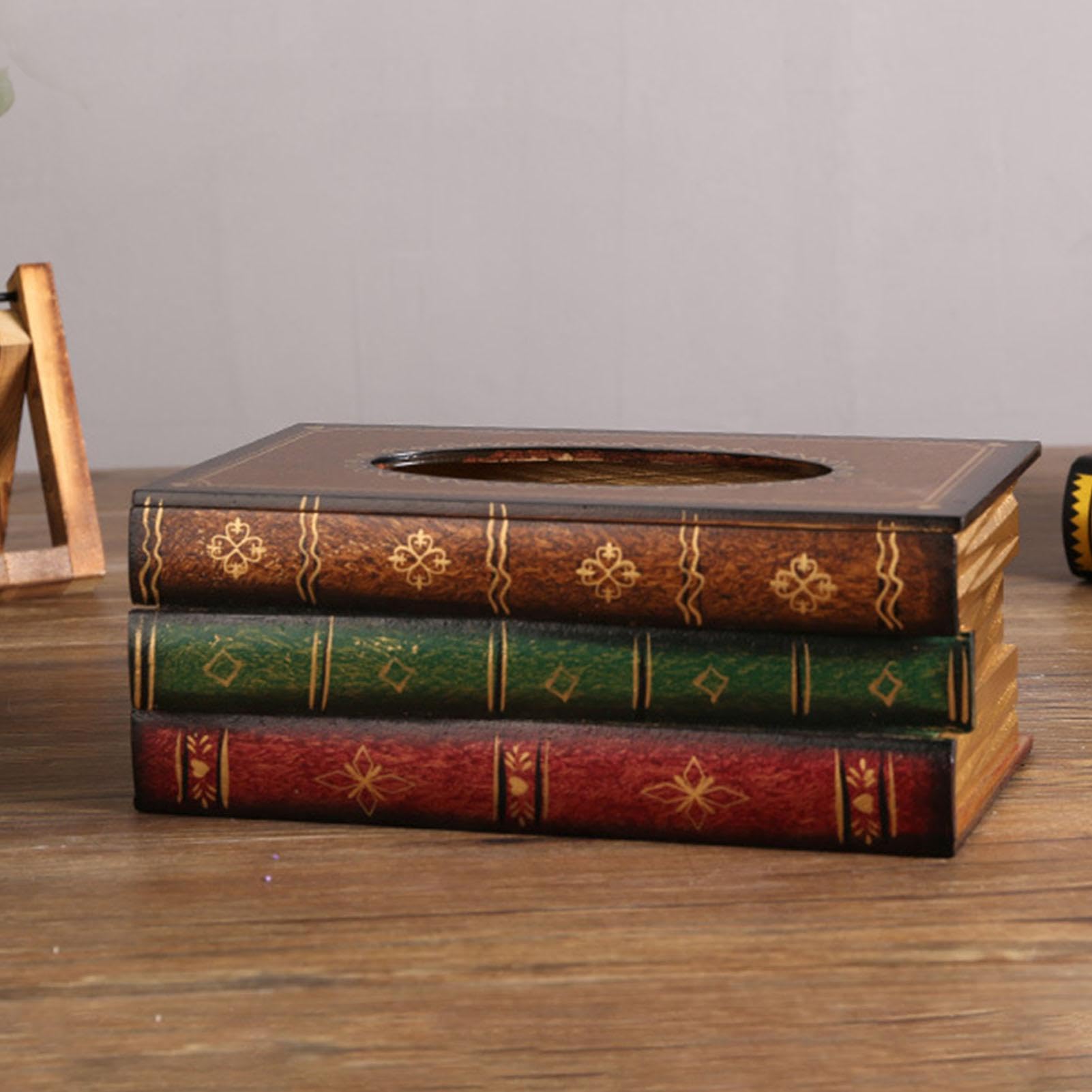 Decorative Tissue Cover For Car & Home - Antique Book Stack Rectangular Facial Tissue Holder, Hand-Painted Wooden Box Case | Retro Desk Decor & Napkin Dispenser Gift For Colleagues