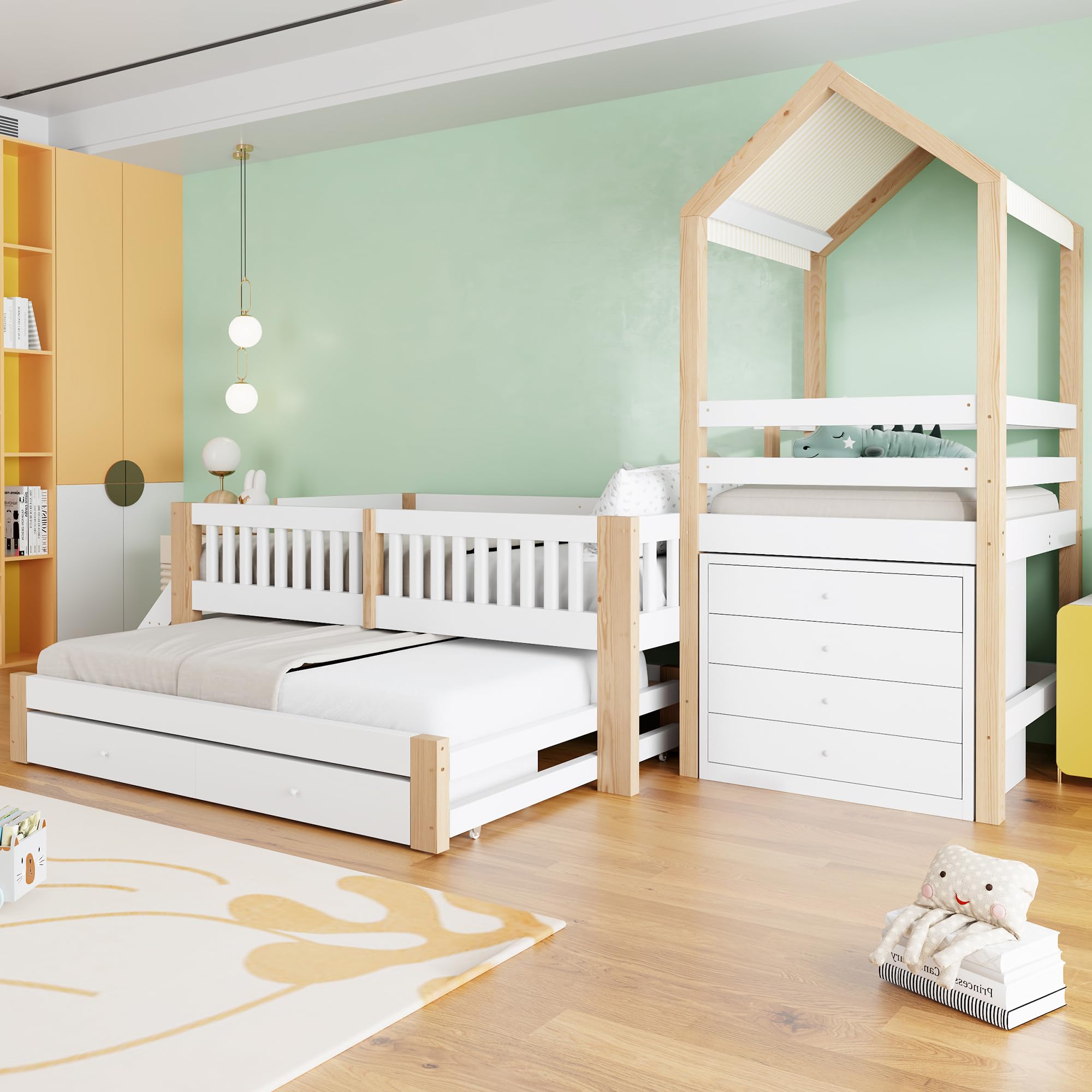 Letto Montessori 90x200 con Letto Estraibile 90x190 cm e 2 Cassetti (Bianco+Naturale-1)