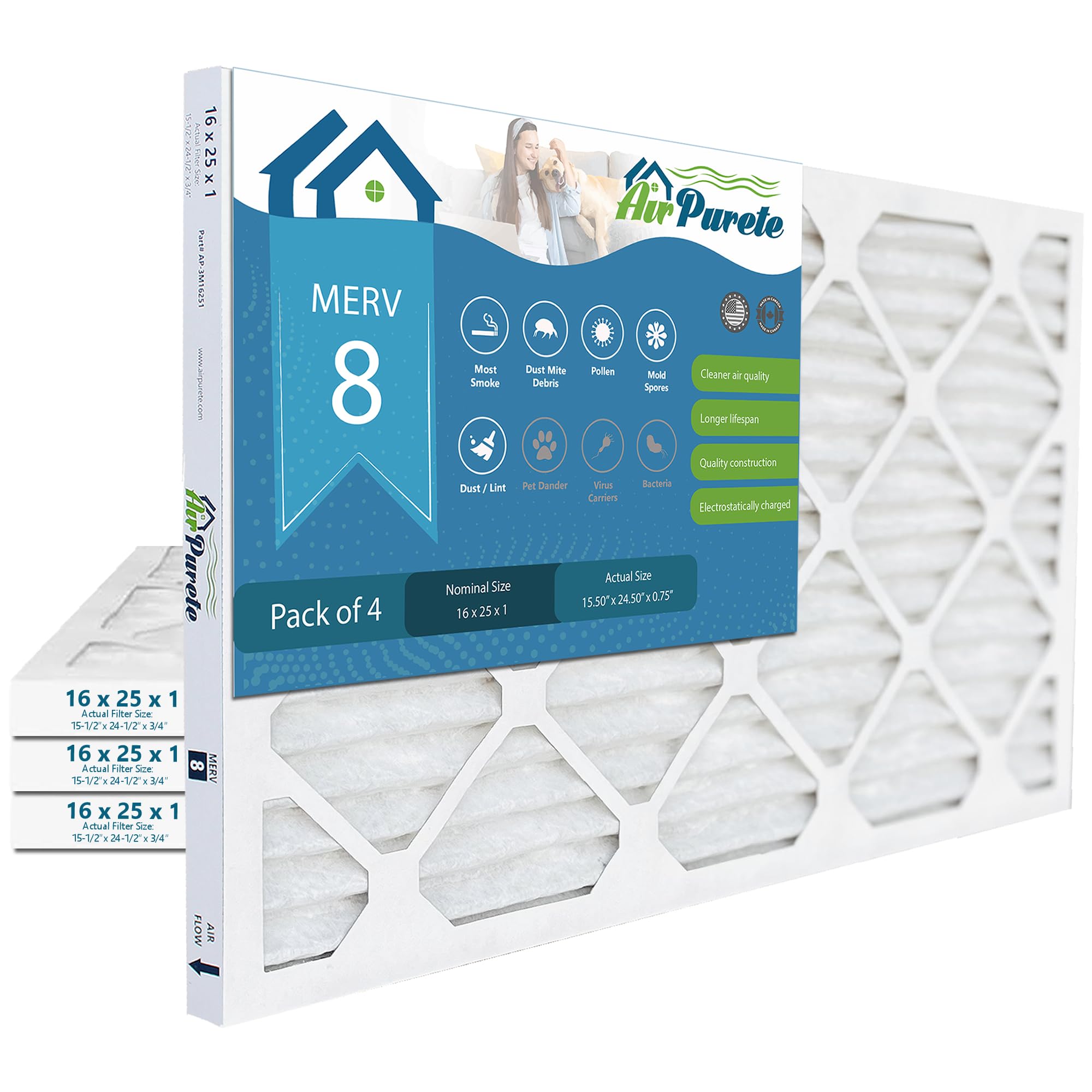 AirPurete Furnace Filter 16x25x1 (Actual Size: 15-1/2