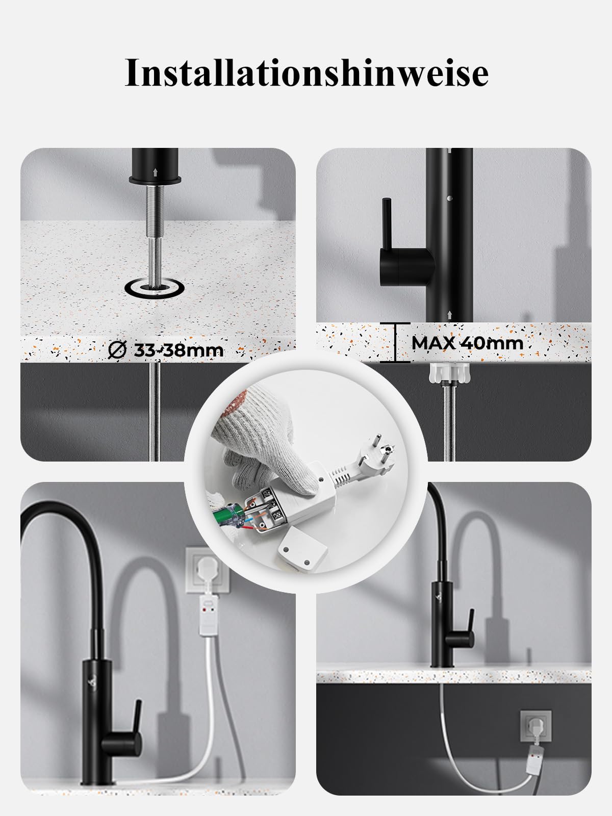 Elektrische Wasserhahn mit Durchlauferhitzer Küche, 2 Strahlarten, Schwarz | Elektrischer Küchenarmatur mit Flexibler Auslauf und LCD Temperaturanzeige, 360º Swivel Elektrischer Wasserhähne