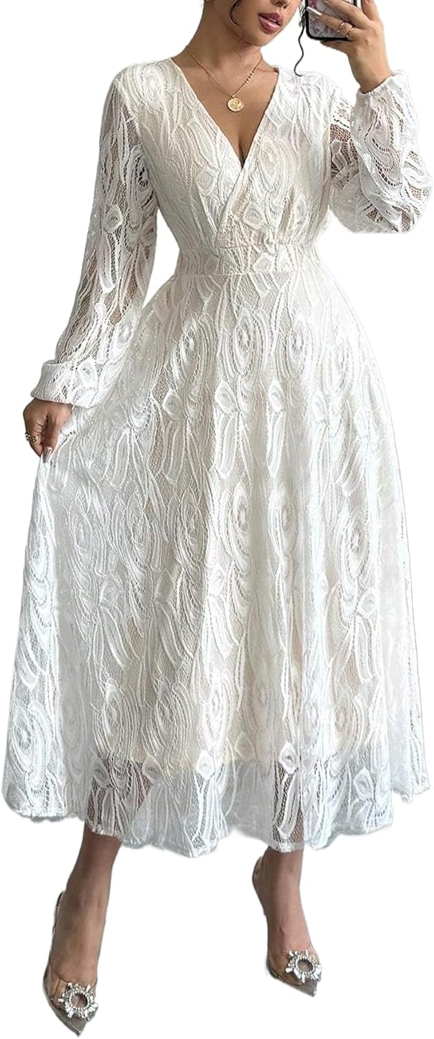 Women's V Neck Lace Floral Embroidery Long Sleeve Flowy Cocktail Wedding Long Dress