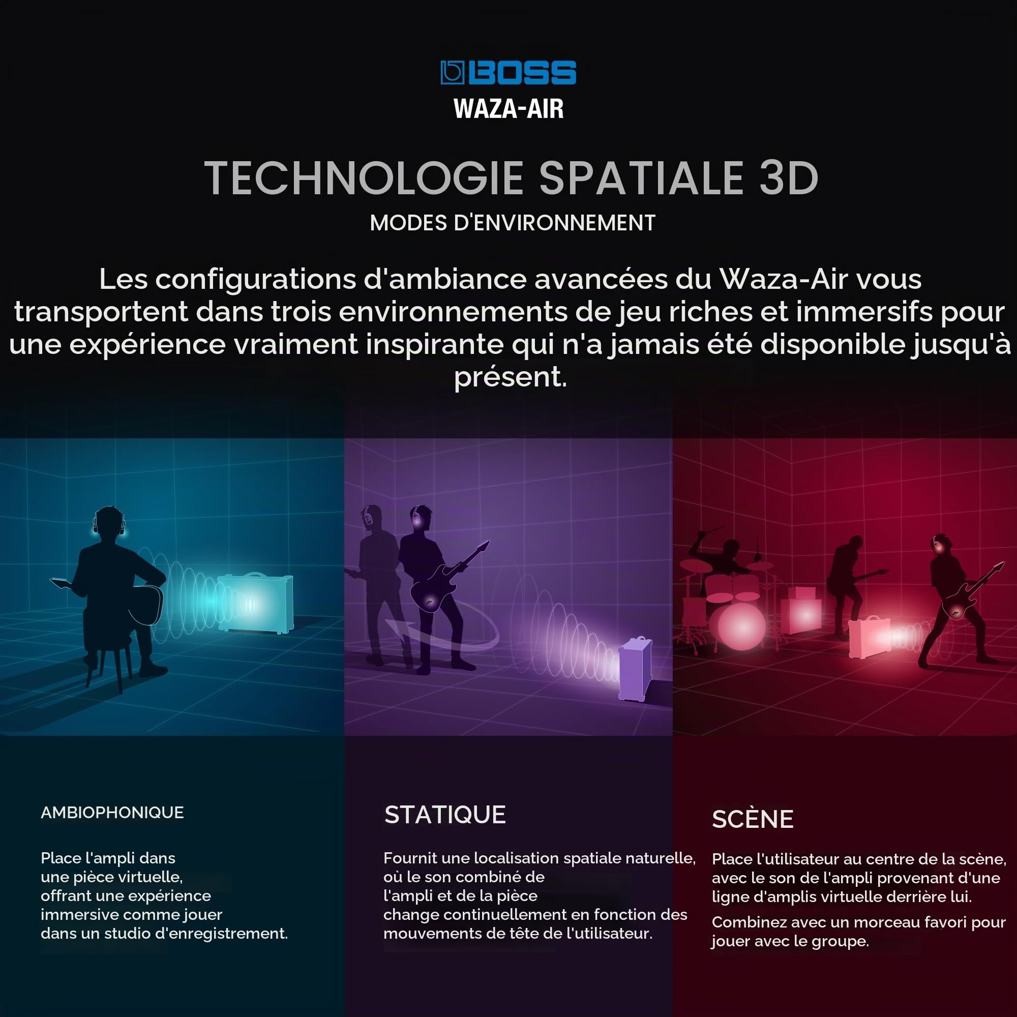 BOSS Système de Casque sans Fil pour Guitare WAZA-AIR, La Technologie de spatialisation évoluée BOSS et Le Gyroscope intégré procurent Un Son de pièce Naturel avec Ambiance 3D