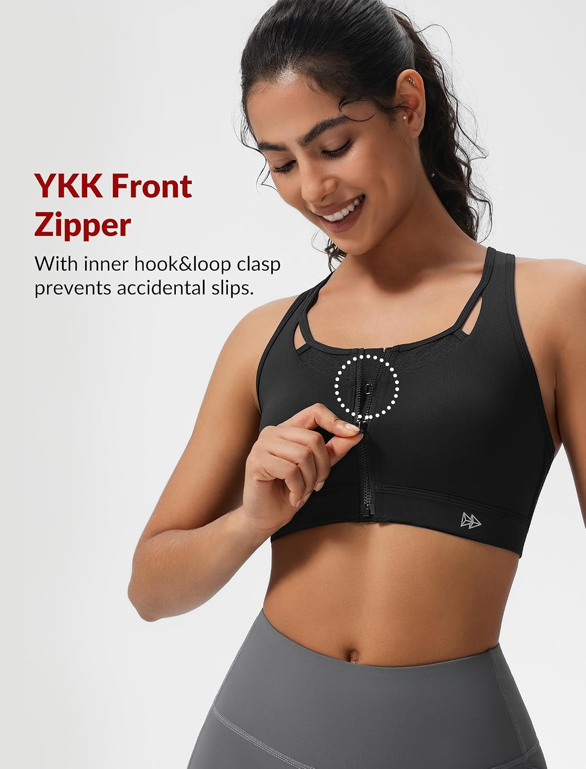 Yvette Zip Front High Impact Sports Bras for Women Lace Mesh Supportive Bras for Workout