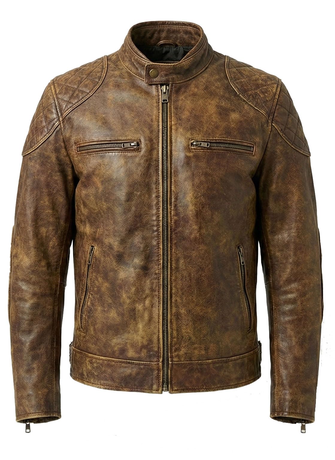 Fancyd Męska postarzana skórzana kurtka Cafe Racer - styl vintage Moto Biker